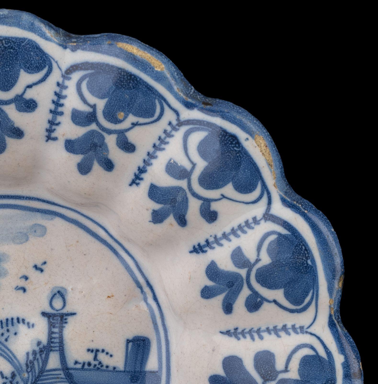 Baroque Delft Blue and white lobed dish with landscape Northern Netherlands, 1650-1680 For Sale
