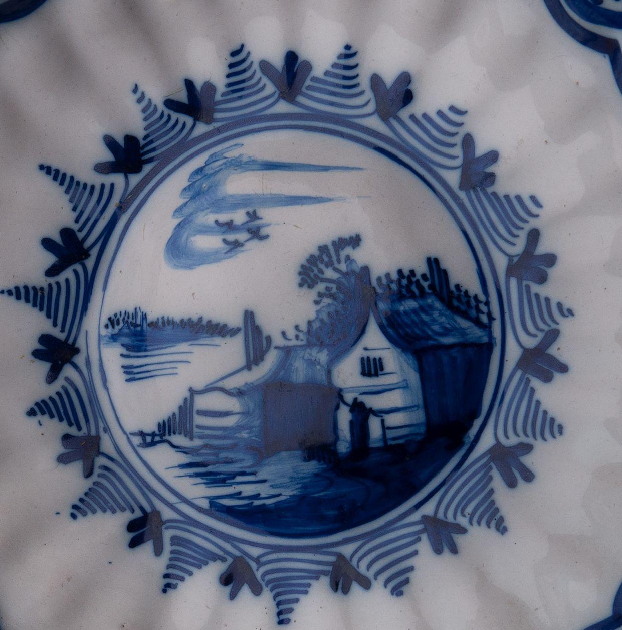 Baroque Delft Blue and White Lobed Dish with Landscape, Northern Netherlands, 1650-1680 For Sale
