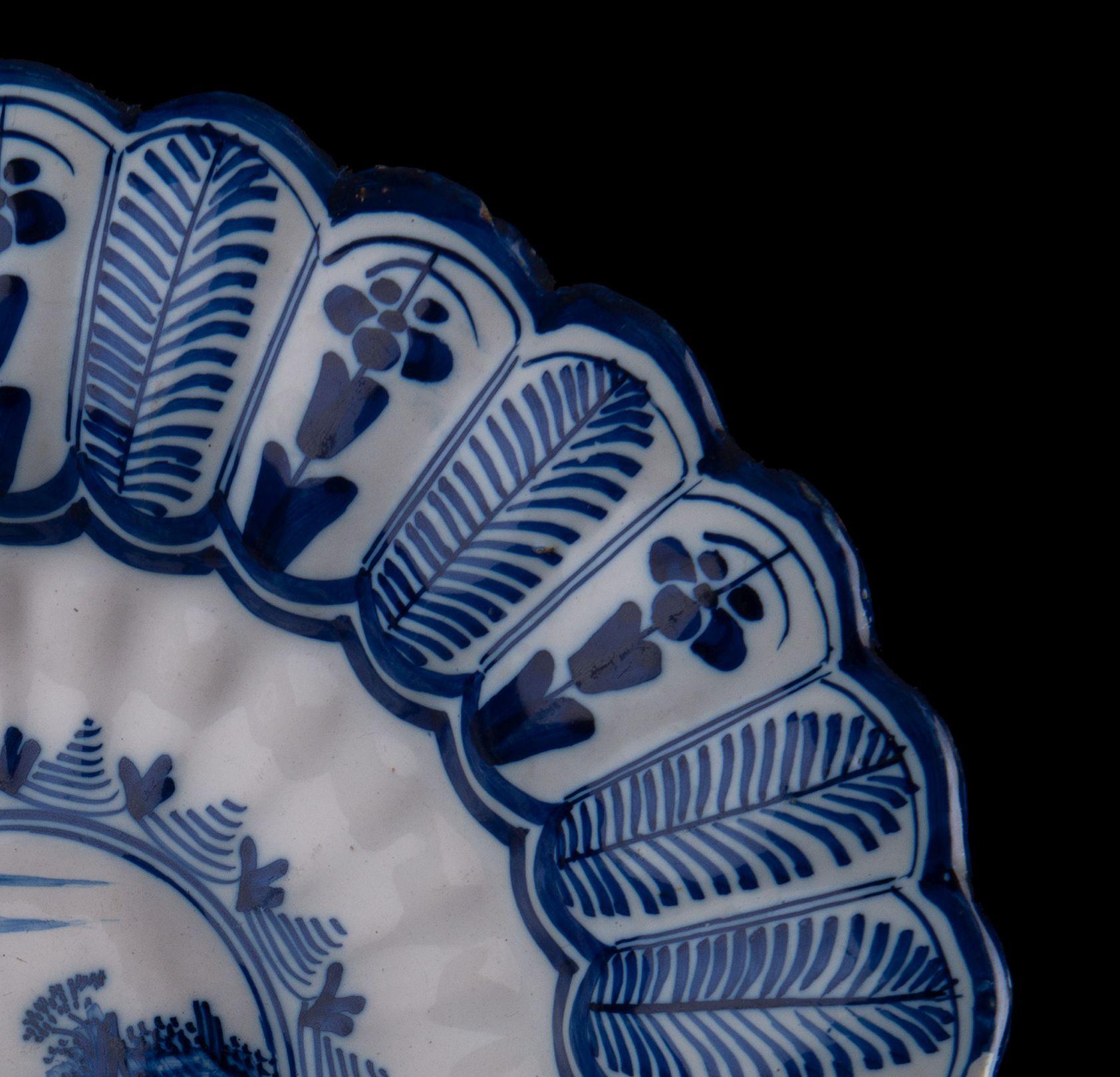 Dutch Delft Blue and White Lobed Dish with Landscape, Northern Netherlands, 1650-1680 For Sale