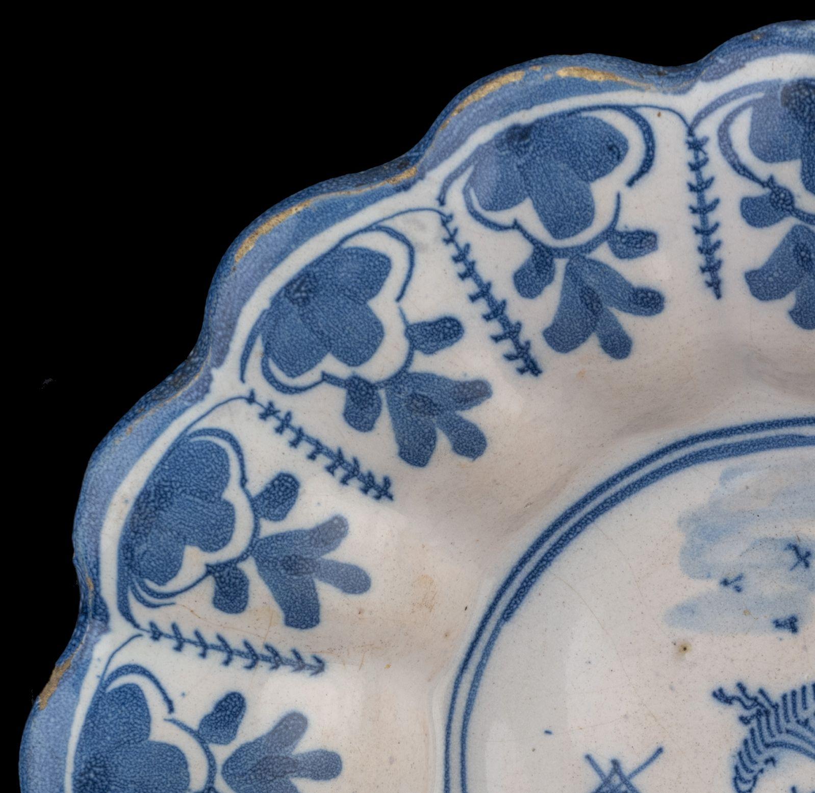 18th Century and Earlier Delft Blue and white lobed dish with landscape Northern Netherlands, 1650-1680 For Sale