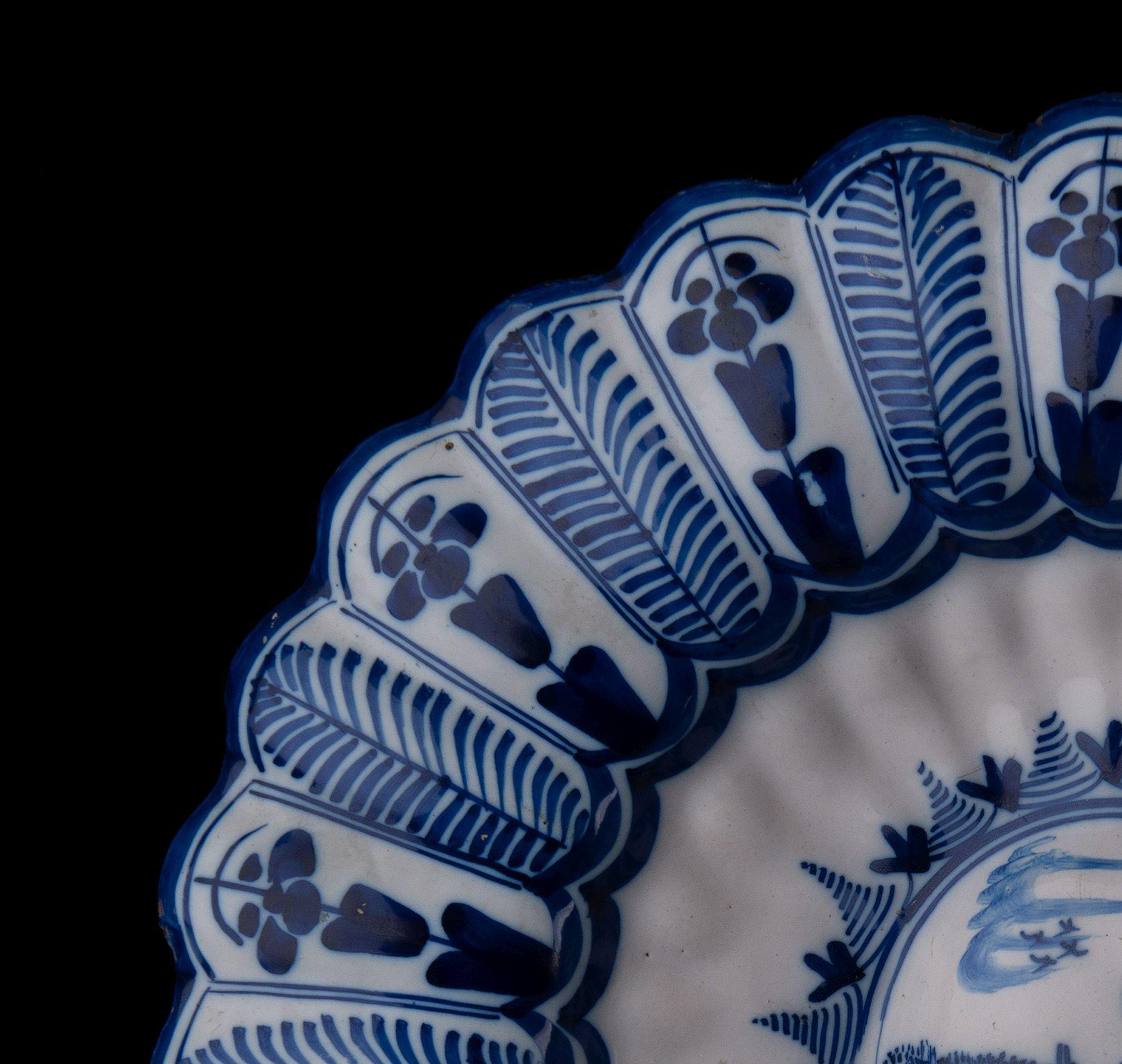 17th Century Delft Blue and White Lobed Dish with Landscape, Northern Netherlands, 1650-1680 For Sale