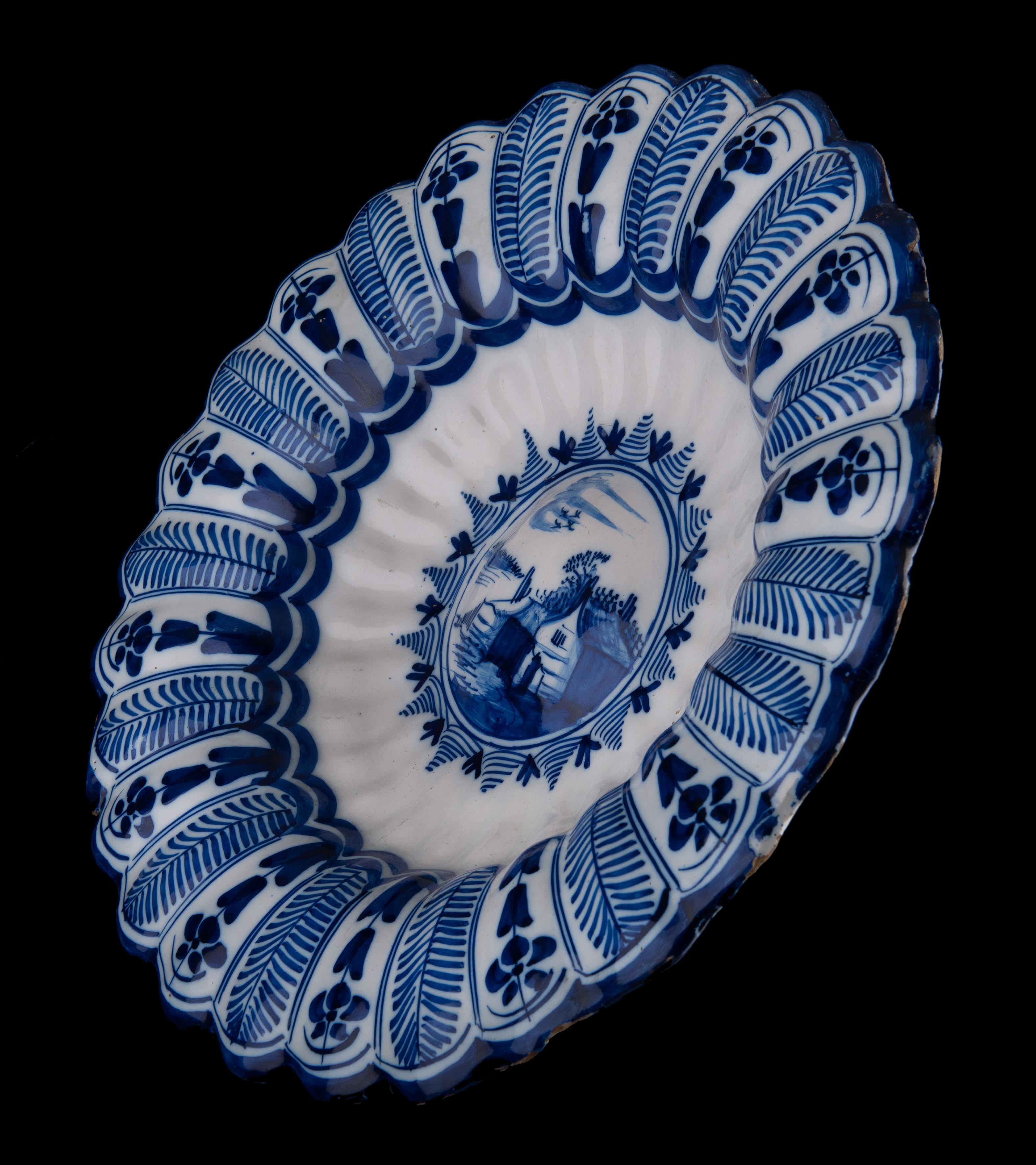Ceramic Delft Blue and White Lobed Dish with Landscape, Northern Netherlands, 1650-1680 For Sale