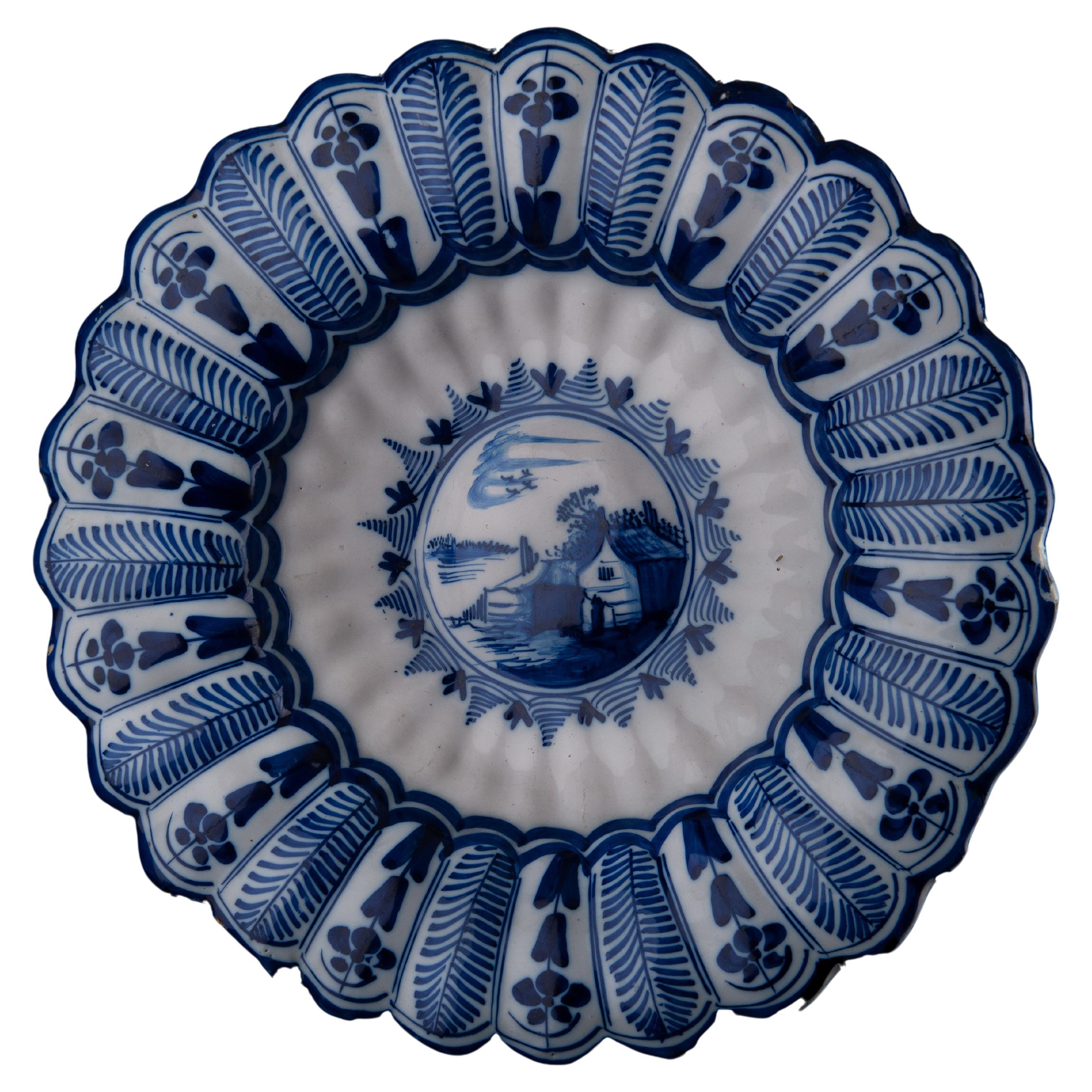 Delft Blue and White Lobed Dish with Landscape, Northern Netherlands, 1650-1680