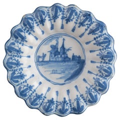 Antique Delft Blue and white lobed dish with landscape  Northern Netherlands, 1650-1680