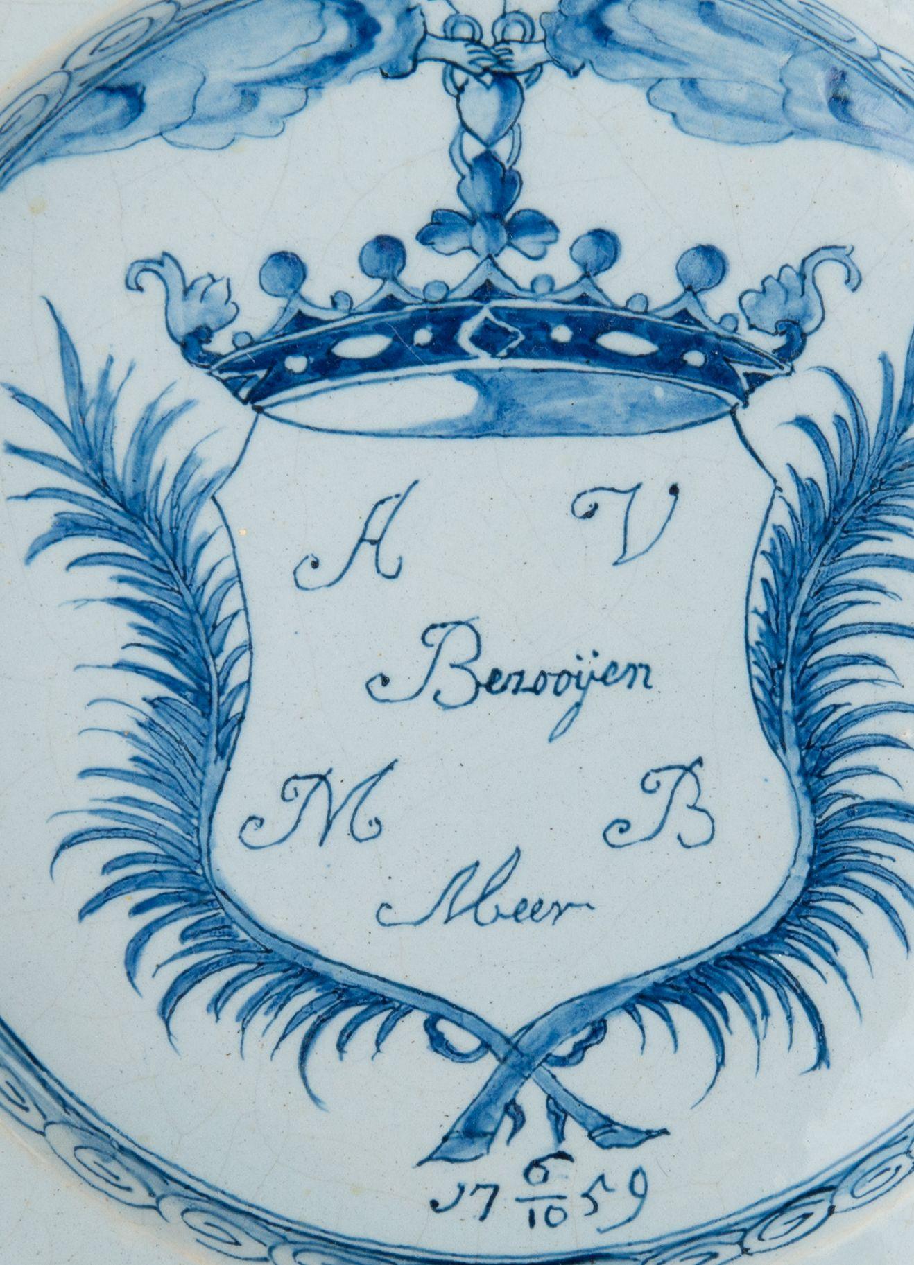 Baroque Delft Blue and white marriage plate dated 1759 For Sale