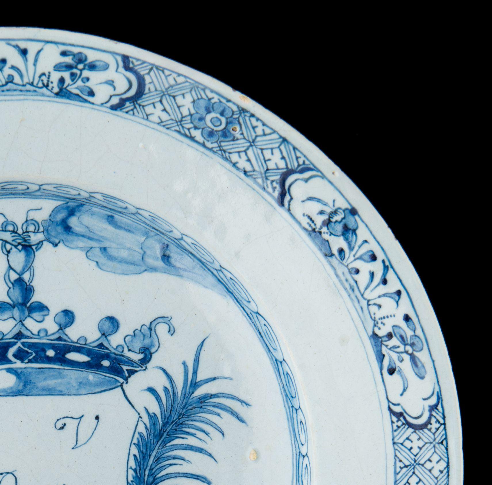 Glazed Delft Blue and white marriage plate dated 1759 For Sale