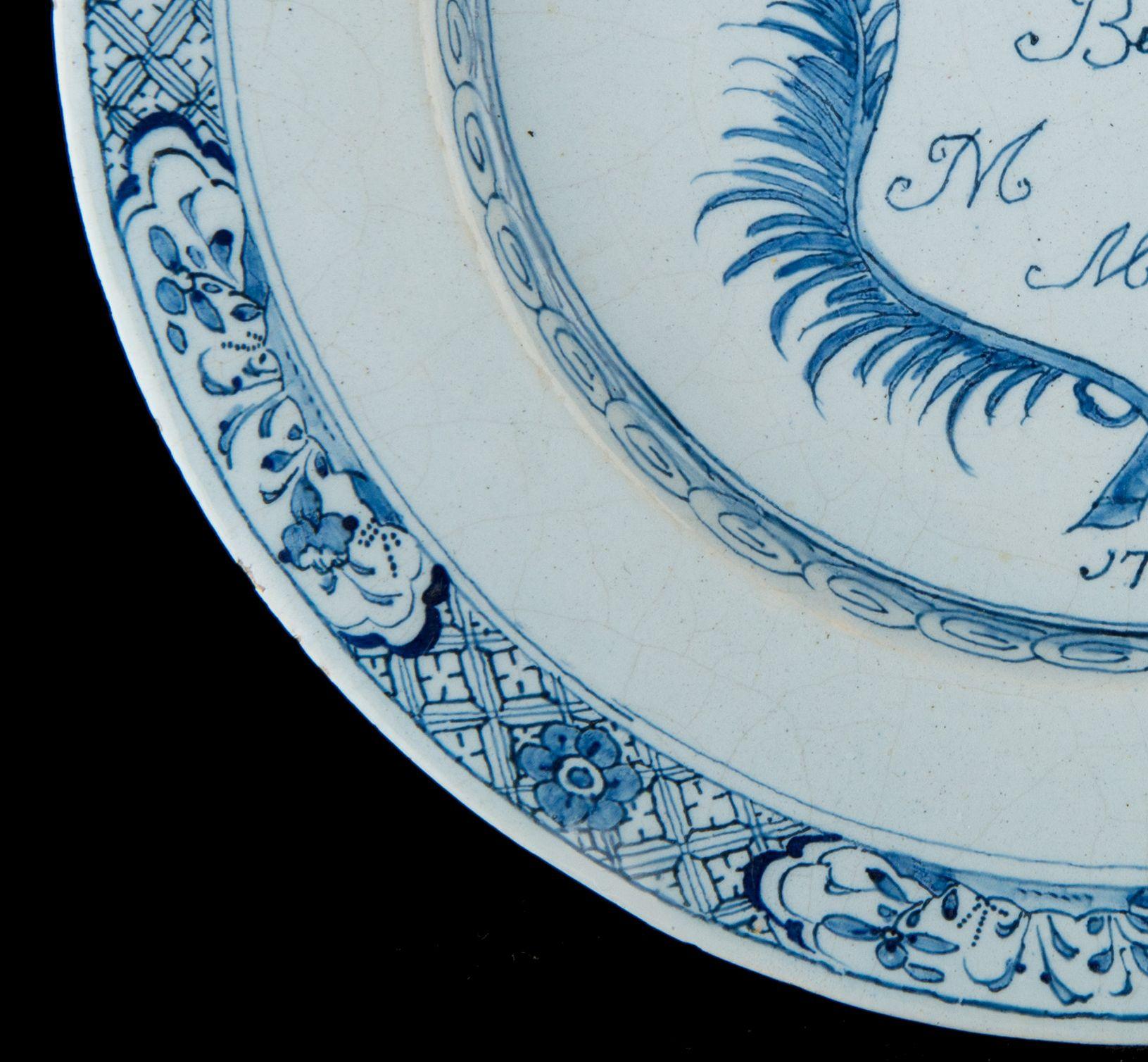 18th Century Delft Blue and white marriage plate dated 1759 For Sale