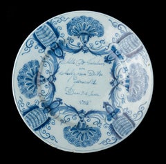 Delft Blue and white marriage plate dated 1762 The Fortune pottery