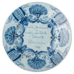 Delft Blue and white marriage plate dated 1762 The Fortune pottery