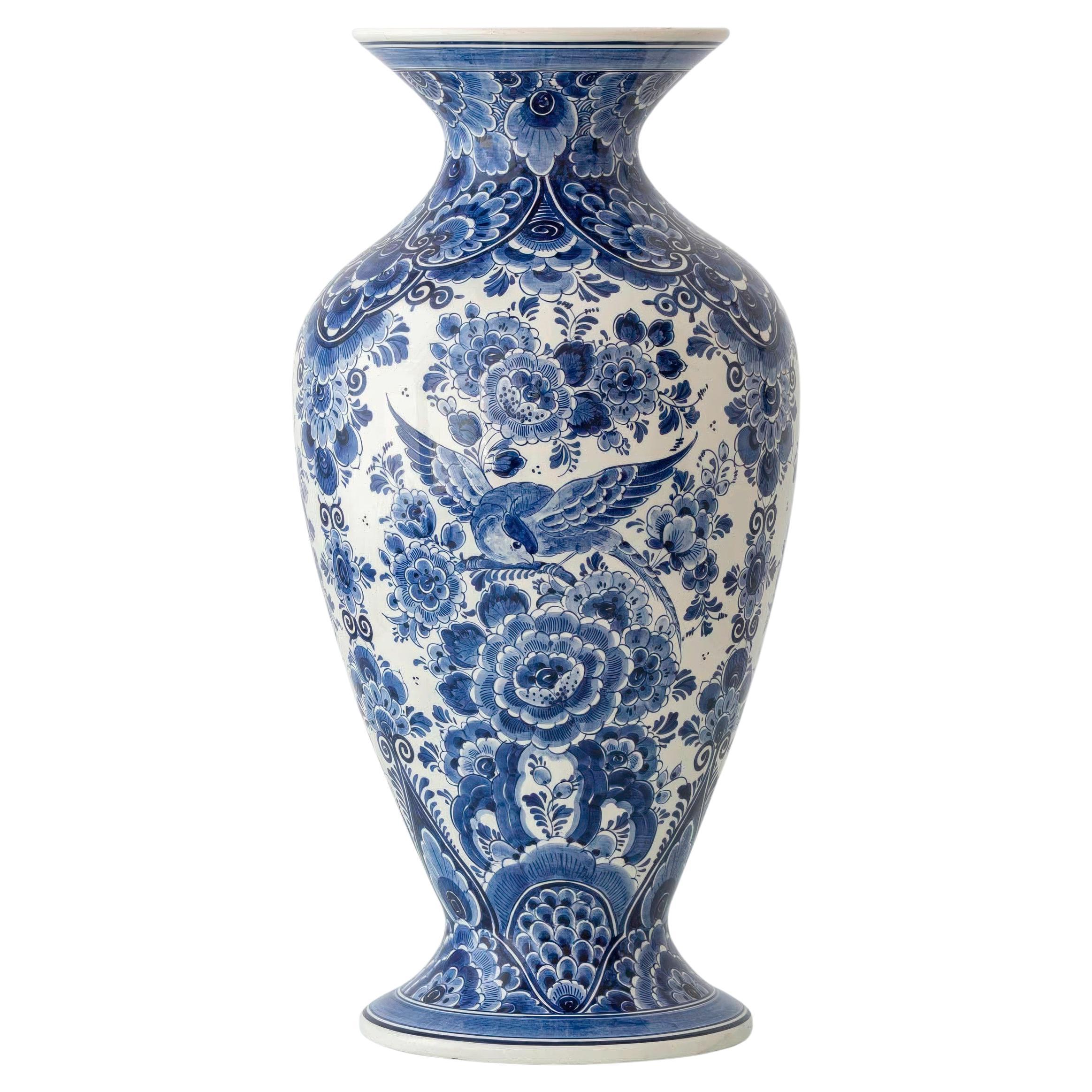 Delft Blue and White Monumental Baluster Vase, Hand-Painted, 1950s Dutch For Sale