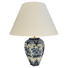 Delft Blue And White Patterned Single Hexagonal Shape Lamp With Shade, 1940s