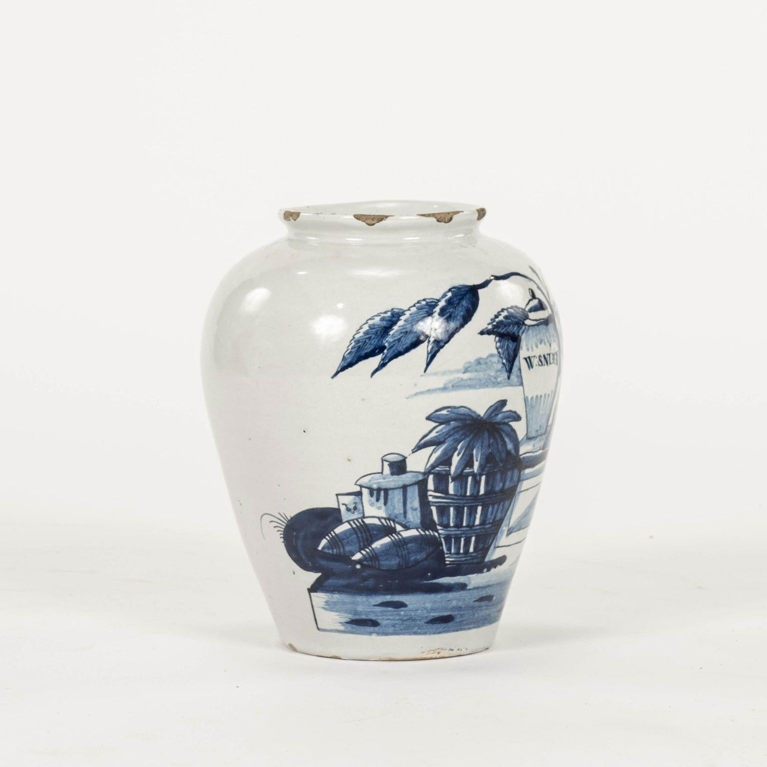 18th Century Delft Blue and White “W:Snuif” Tobacco Jar For Sale
