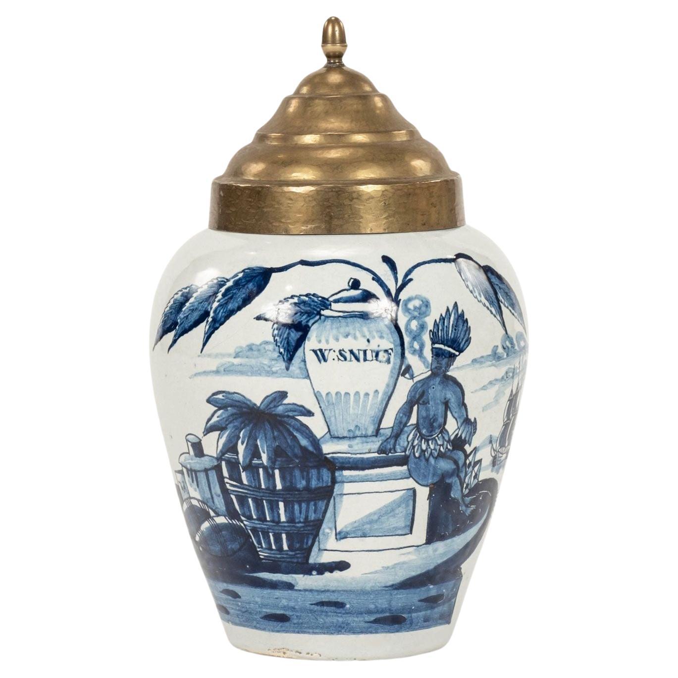 Delft Blue and White “W:Snuif” Tobacco Jar For Sale