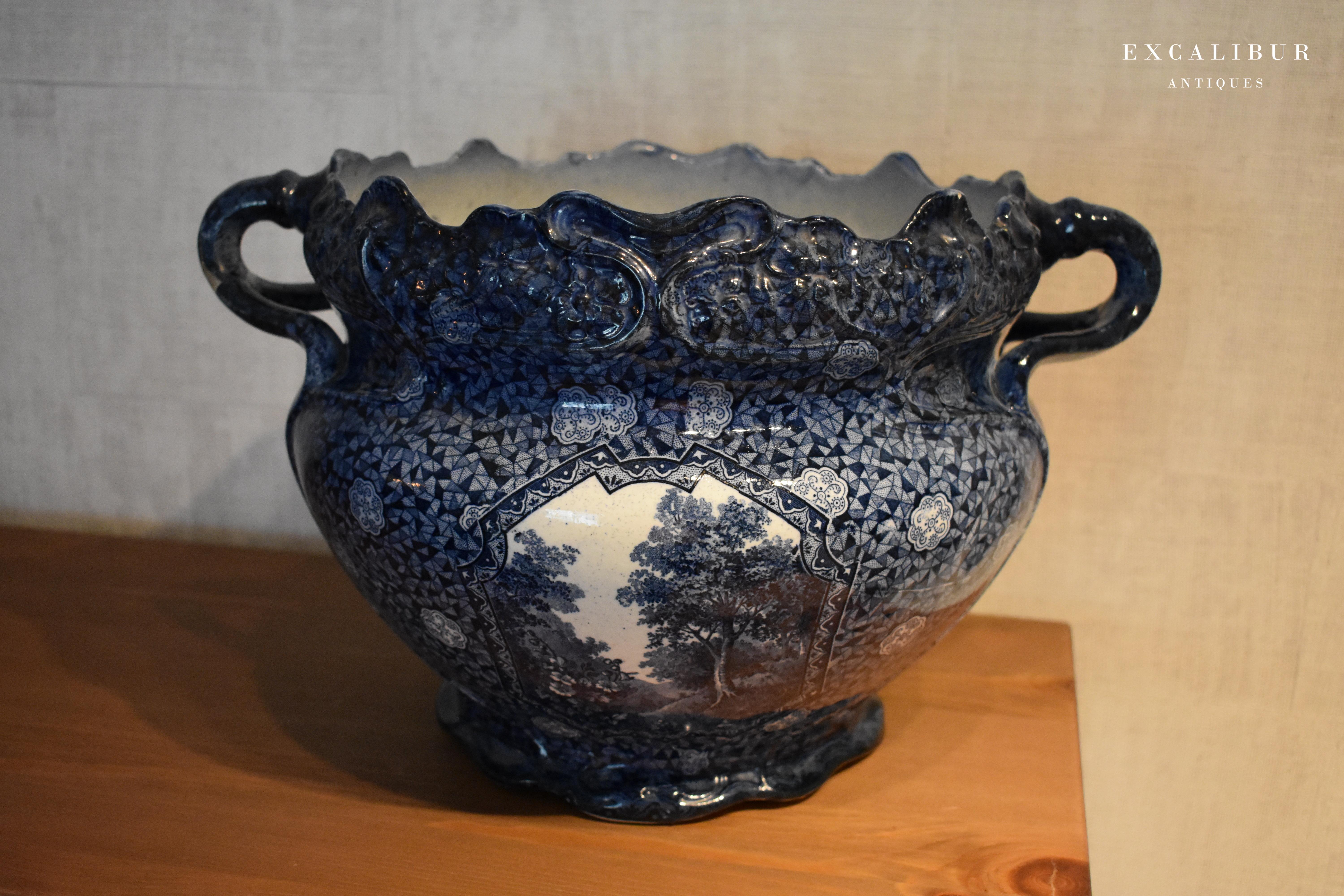 Early 20th Century Delft Blue Antique Large Flowerpot or Jardinière with Flower Print