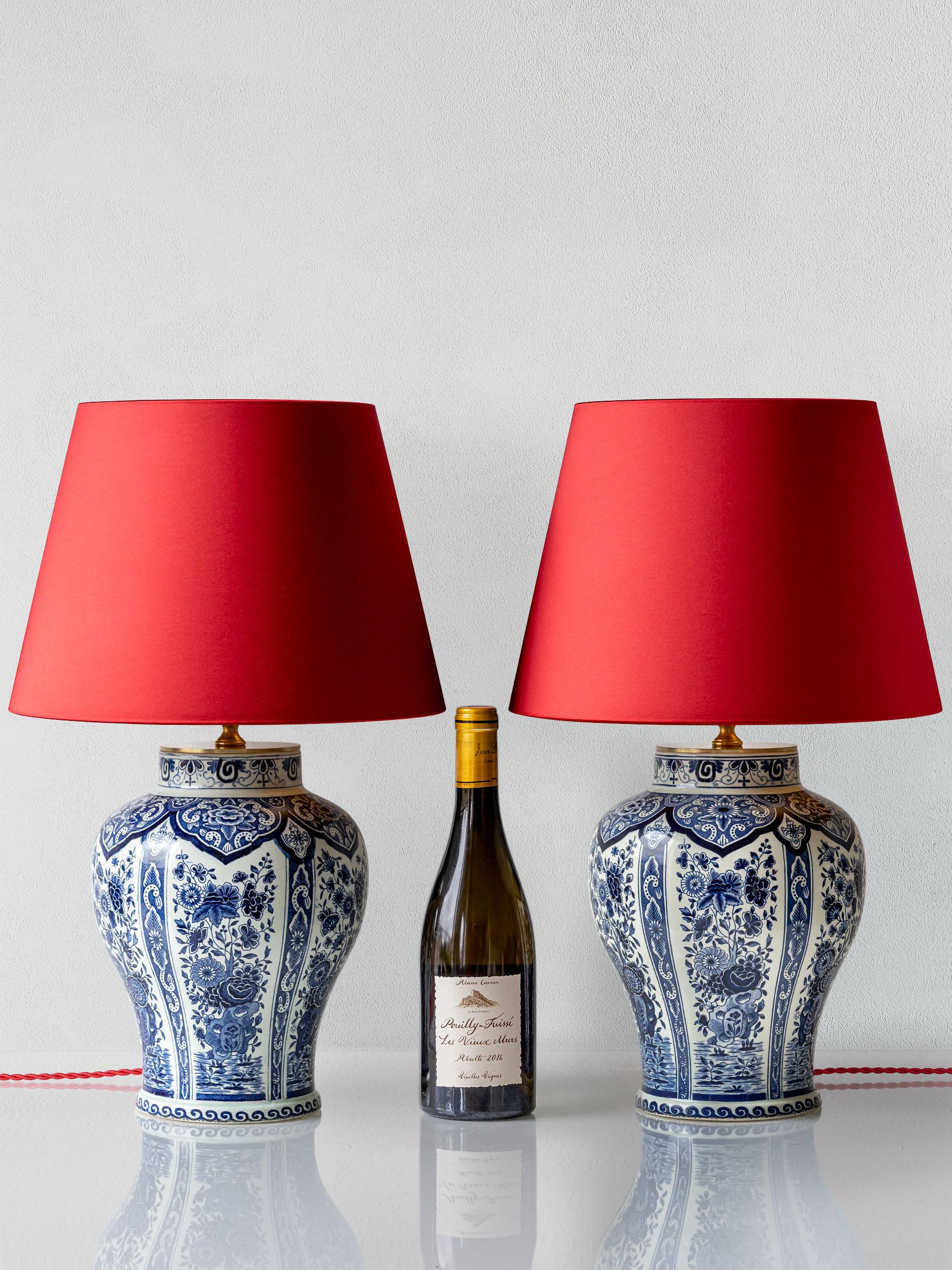 Chinoiserie Delft Blue Boch Frères Keramis Table Lamps, 1969-1979, Red Satin Shades For Sale