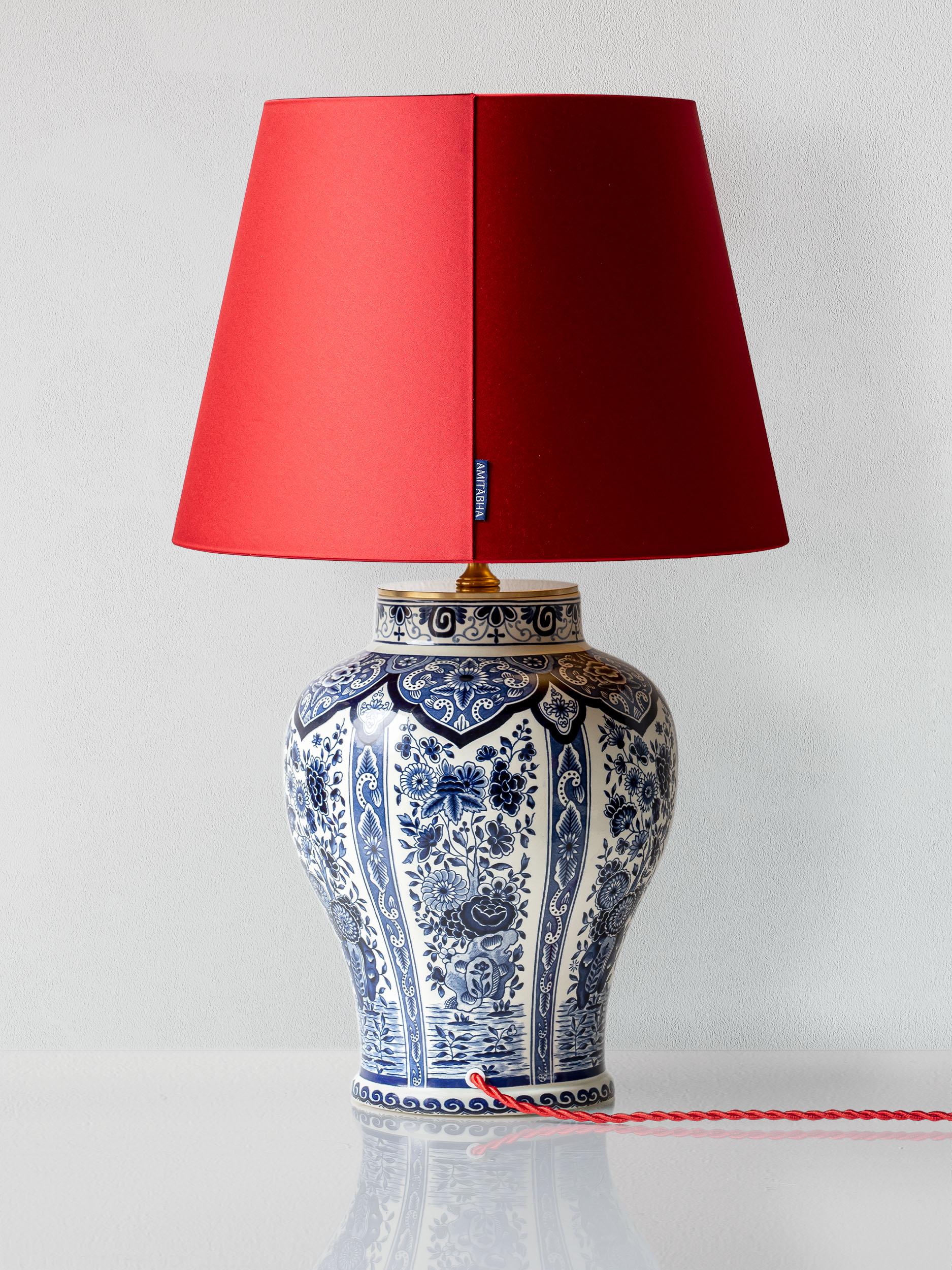 Hand-Crafted Delft Blue Boch Frères Keramis Table Lamps, 1969-1979, Red Satin Shades For Sale