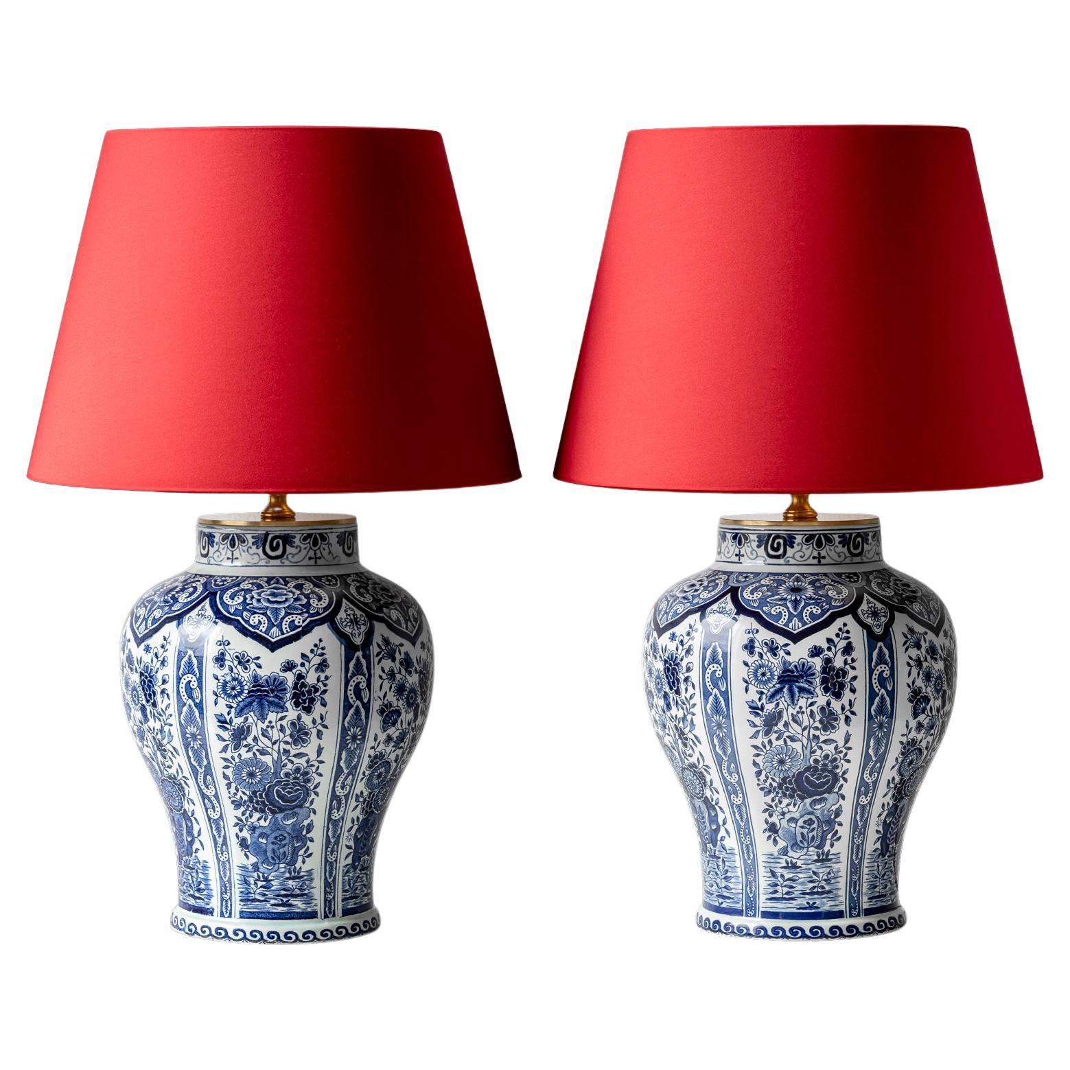 Delft Blue Boch Frères Keramis Table Lamps, 1969-1979, Red Satin Shades For Sale
