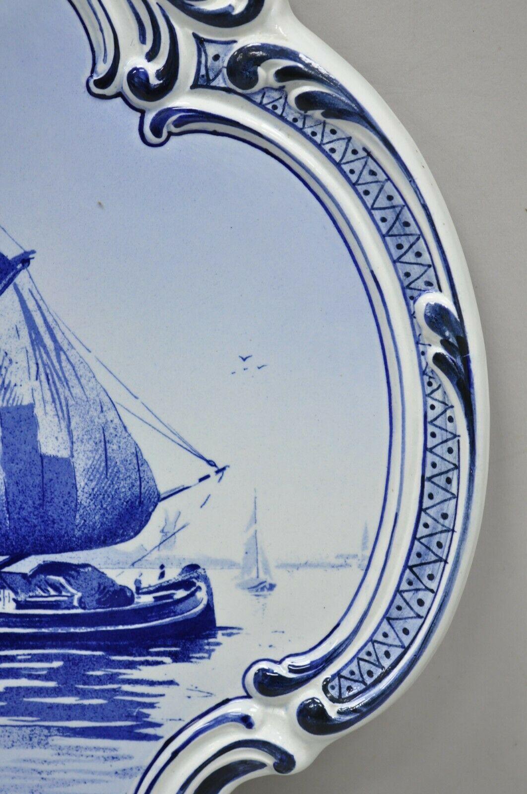 Delft Blue Boch Freres La Louviere Porcelain Ship Wall Charger Plate 1