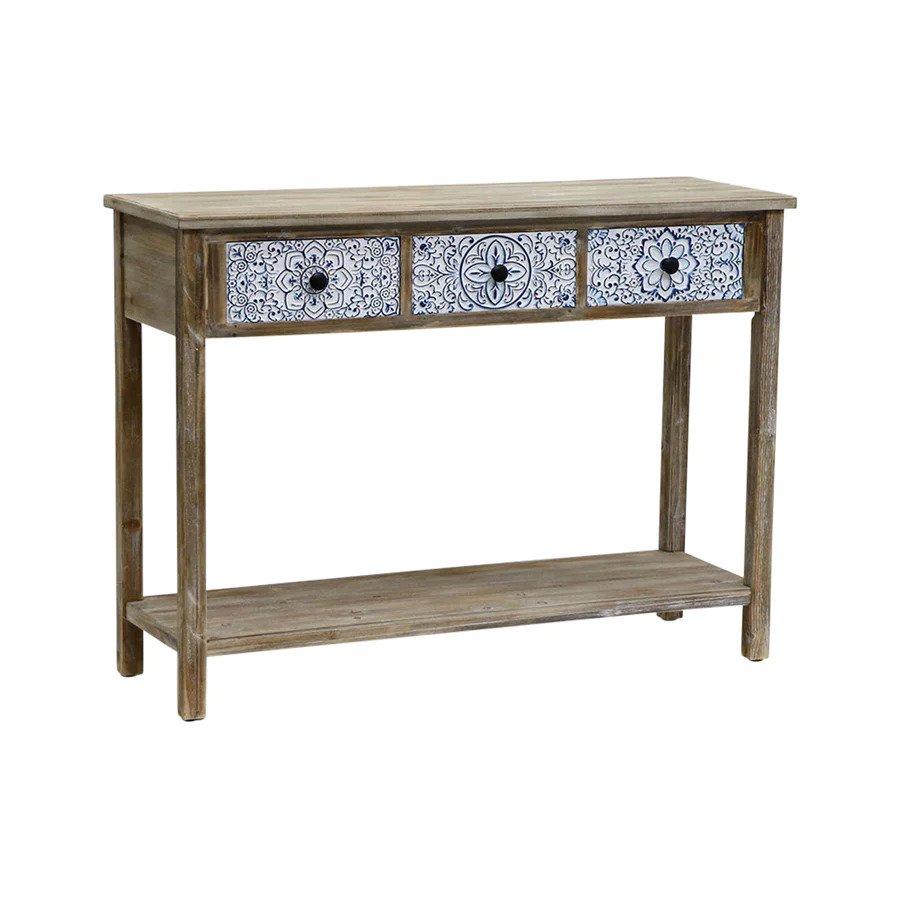 A console or hall table is always a beautiful and useful addition to any hallway or entrance foyer and this piece is no exception. With 3 ornately carved drawers that are hand painted and carved with a Delft blue style finish. Its long, narrow