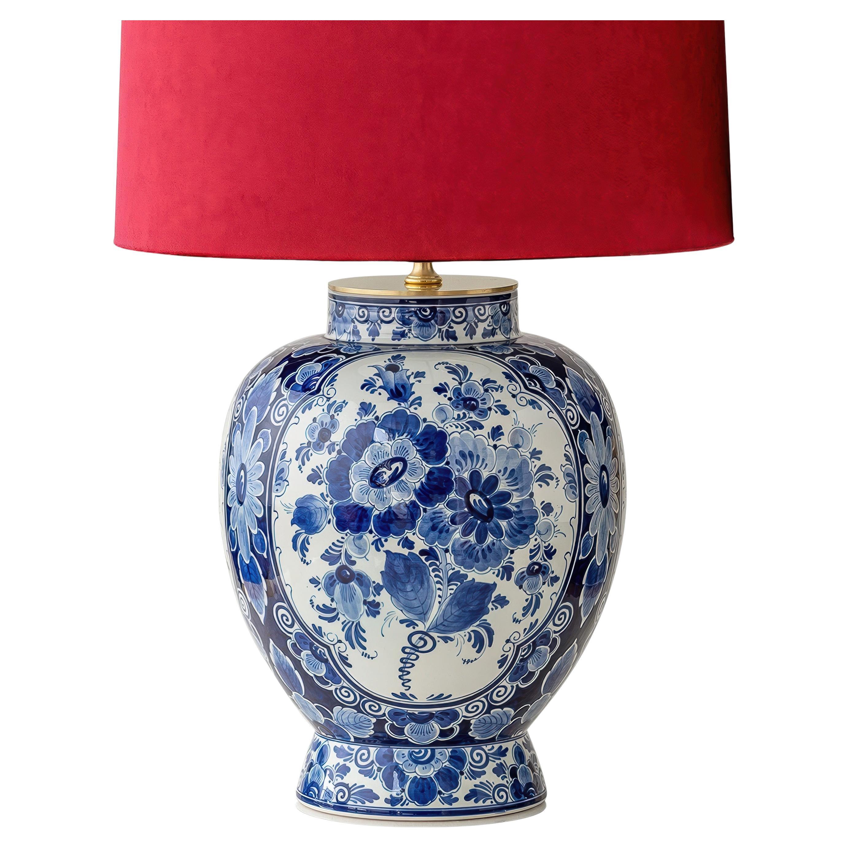 Delft Blue Hand-Painted Ginger Jar Table Lamp with Red Velvet Shade