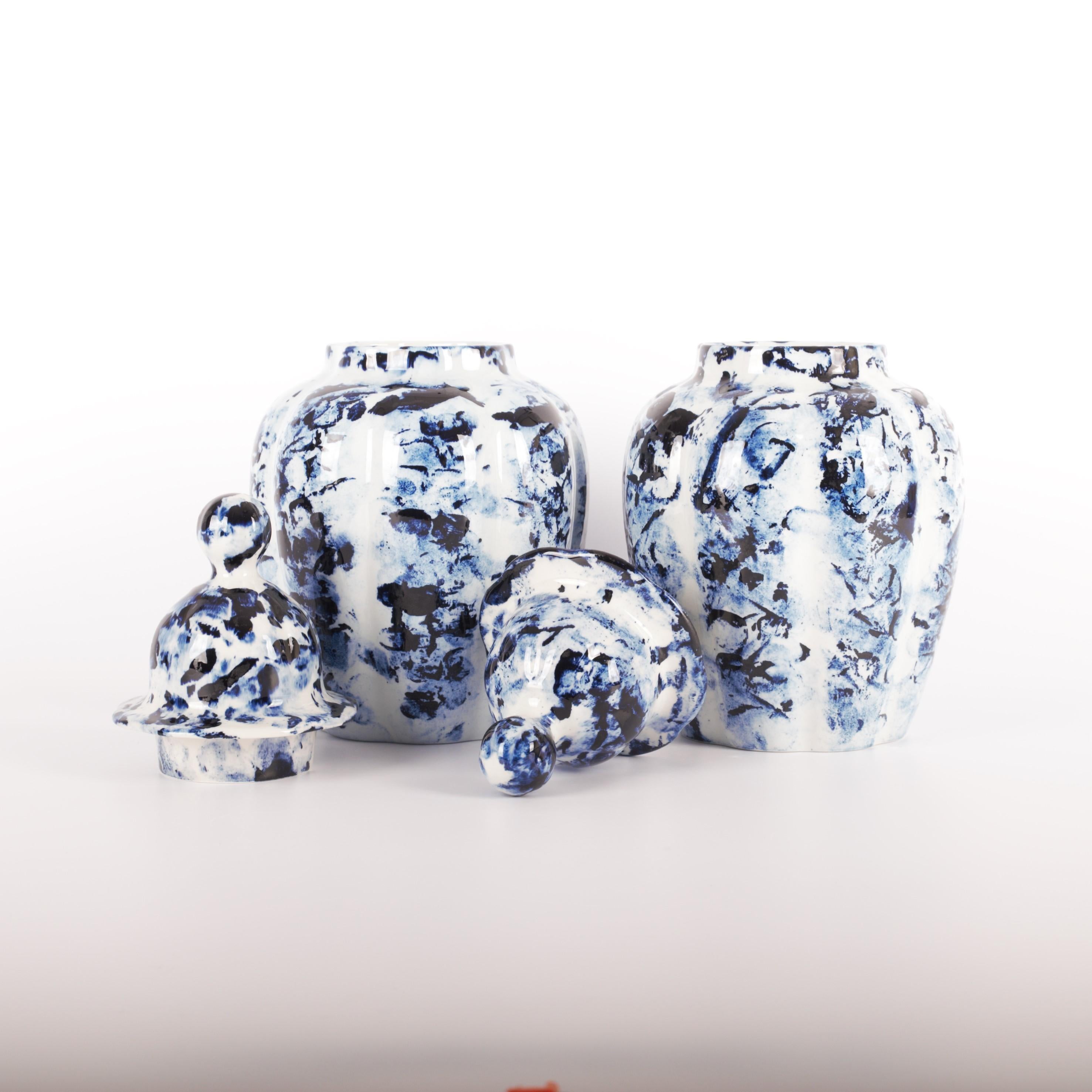 Glazed Delft Blue Set of 2 Vase with Lid, by Marcel Wanders, Hand Painted, 2006, Unique For Sale