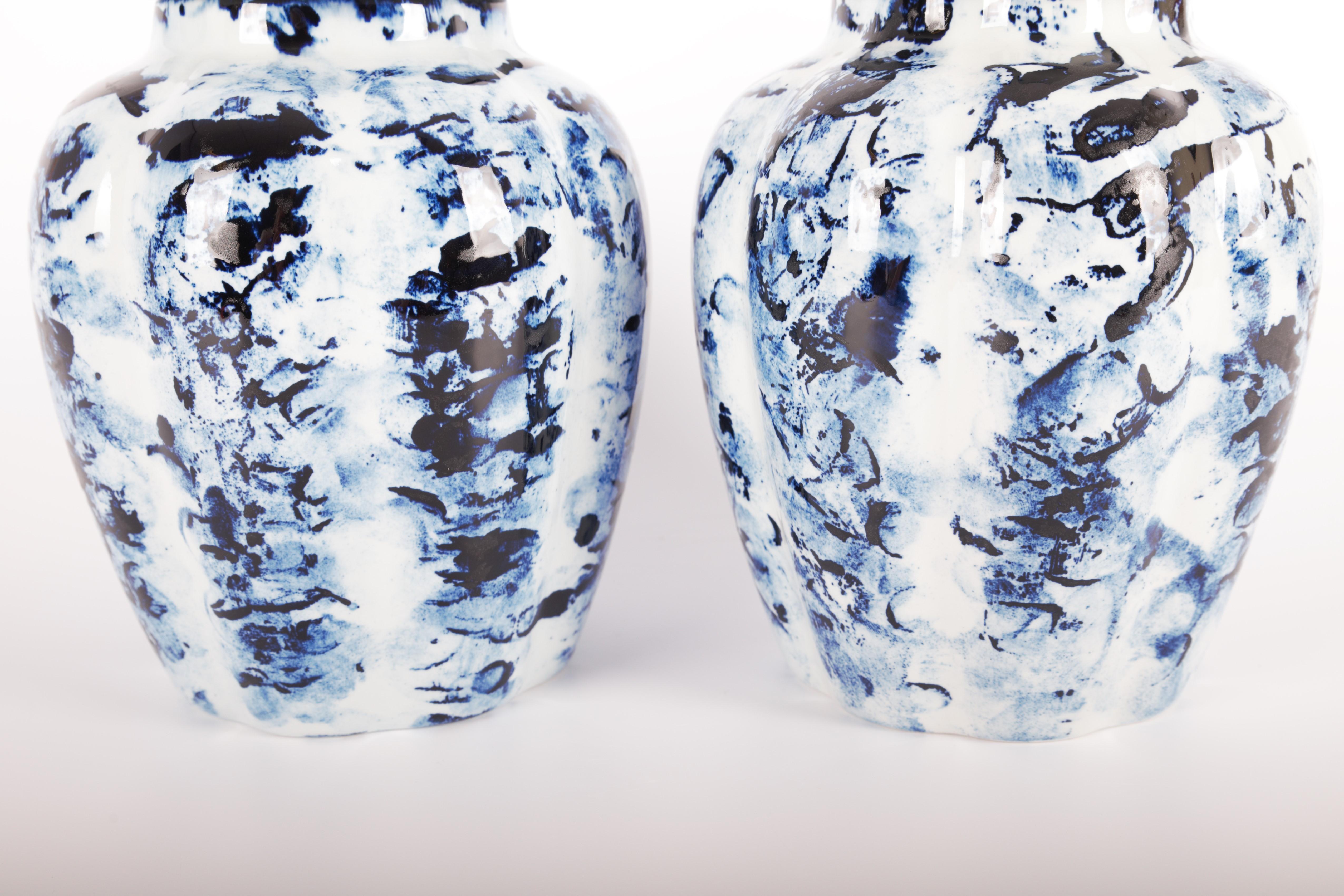 Ceramic Delft Blue Set of 2 Vase with Lid, by Marcel Wanders, Hand Painted, 2006, Unique For Sale