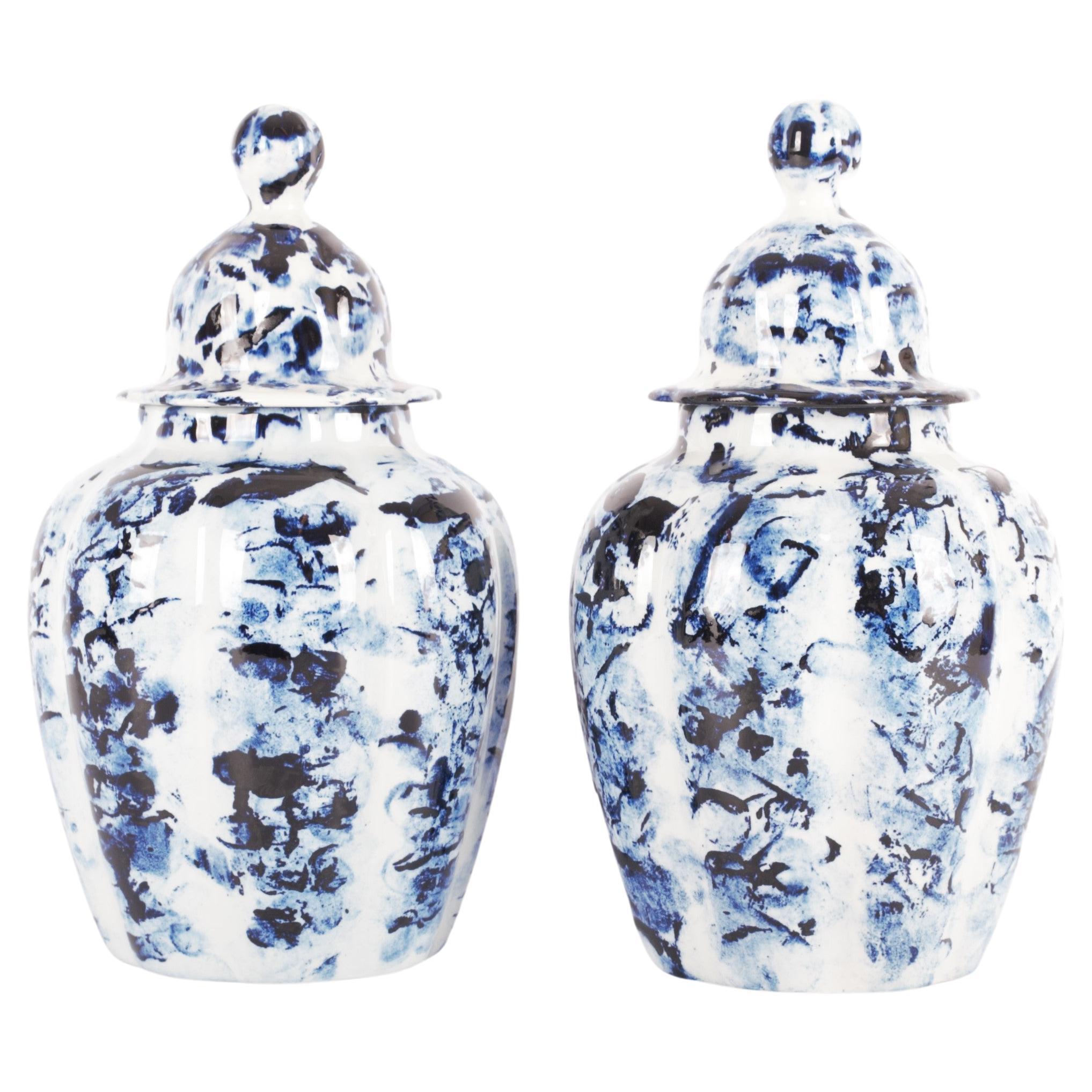 Delft Blue Set of 2 Vase with Lid, by Marcel Wanders, Hand Painted, 2006, Unique For Sale