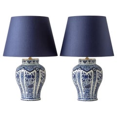Delft Blue Table Lamps, Boch Frères for Royal Sphinx, 1969-1979, New Navy Shades