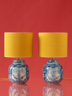 Delft Blue Table Lamps, Royal Tichelaar Makkum, 1890; New Dupion Silk Shades