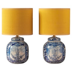 Delft Blue Table Lamps, Royal Tichelaar Makkum, 1890; New Dupion Silk Shades
