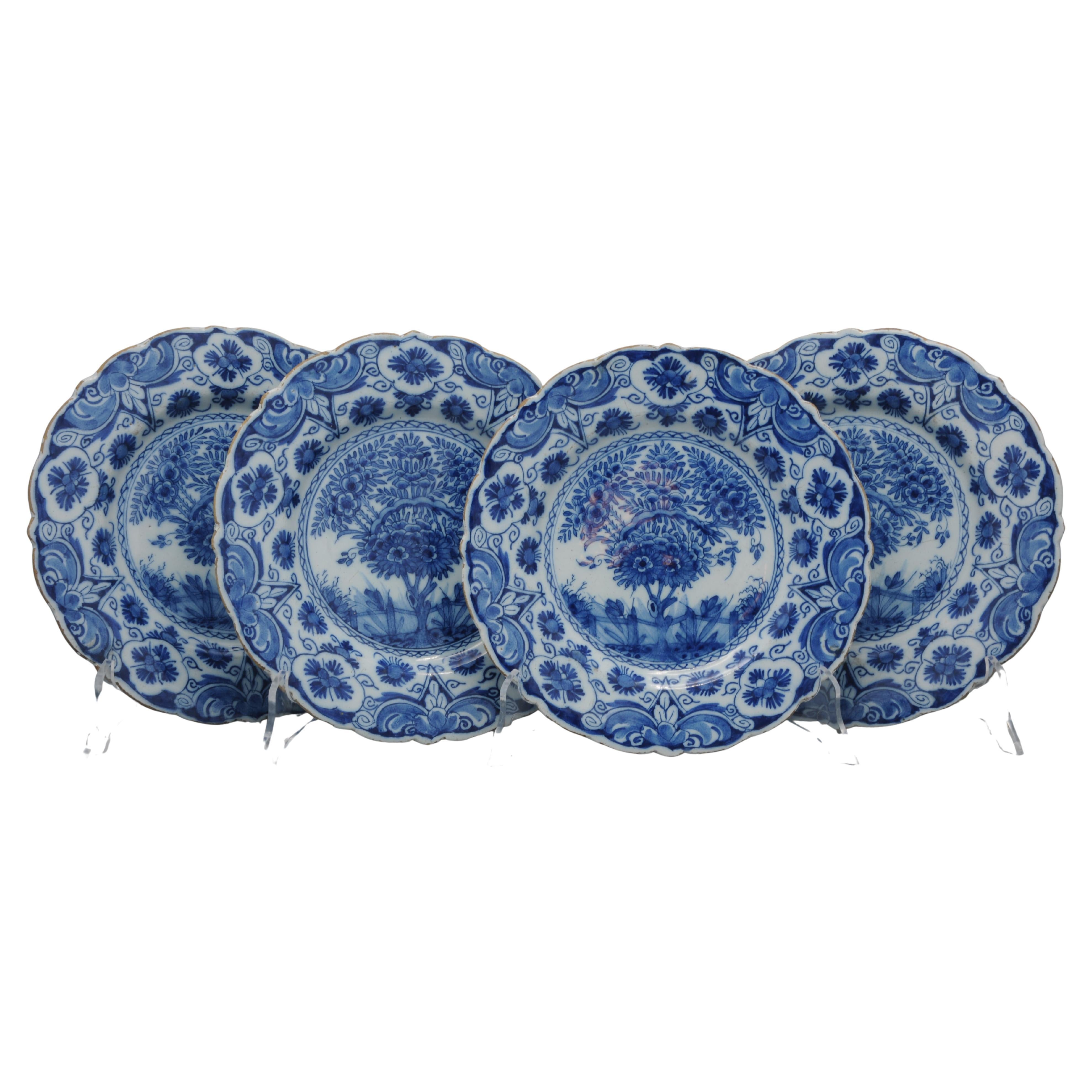 Ensemble de 4 assiettes "Tea Tree" (arbre de vie) en bleu de Delft, Van Duijn, vers 1770