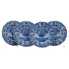 Antique Delft Blue “Tea Tree” (Tree of Life) Set of 4 Plates, Van Duijn, ca 1770