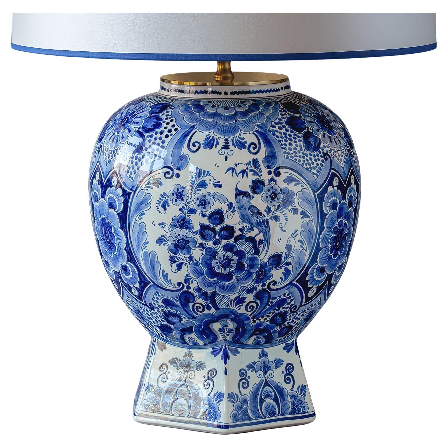 Large Hand-Painted Dutch Delft Blue and White Ceramic Table Lamp