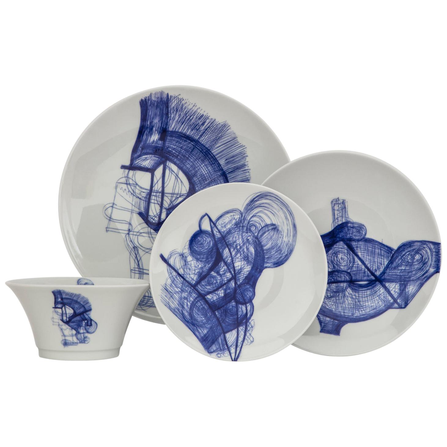 Delft Blue White French Limoges 4-Piece Porcelain Dinner Setting, Plates Bowl