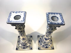 Delft Blue White Tin Glazed Pair of Tall Candlesticks Dutch Windmills, 1800s