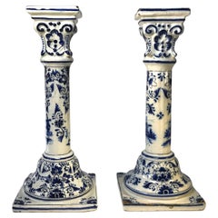 Antique Delft Blue White Tin Glazed Pair of Tall Candlesticks Dutch Windmills, 1800s