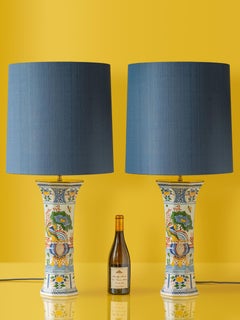 Delft Boch Frères Keramis Large Table Lamps, Chinoiserie, Blue Thai Silk Shades