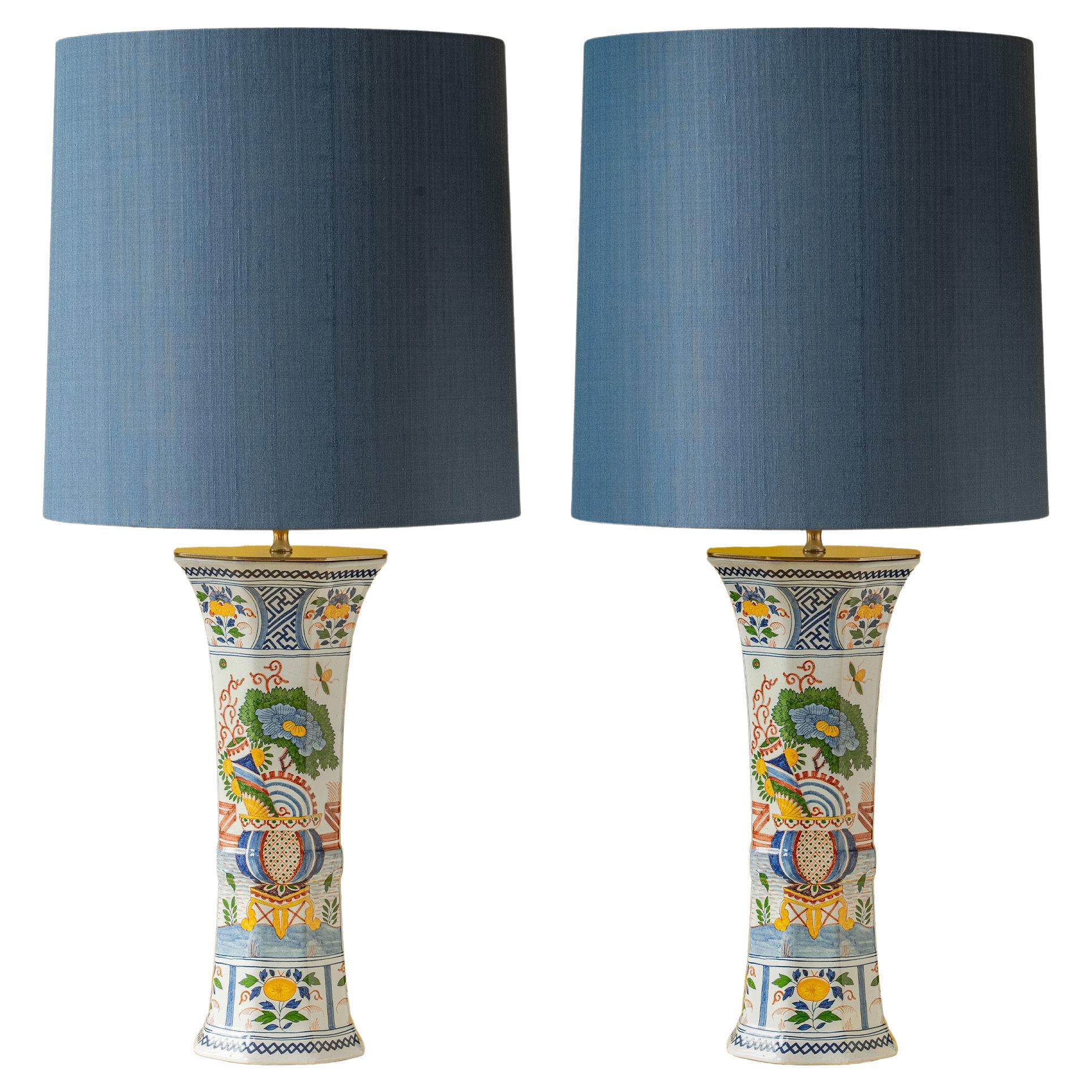 Delft Boch Frères Keramis Large Table Lamps, Chinoiserie, Blue Thai Silk Shades