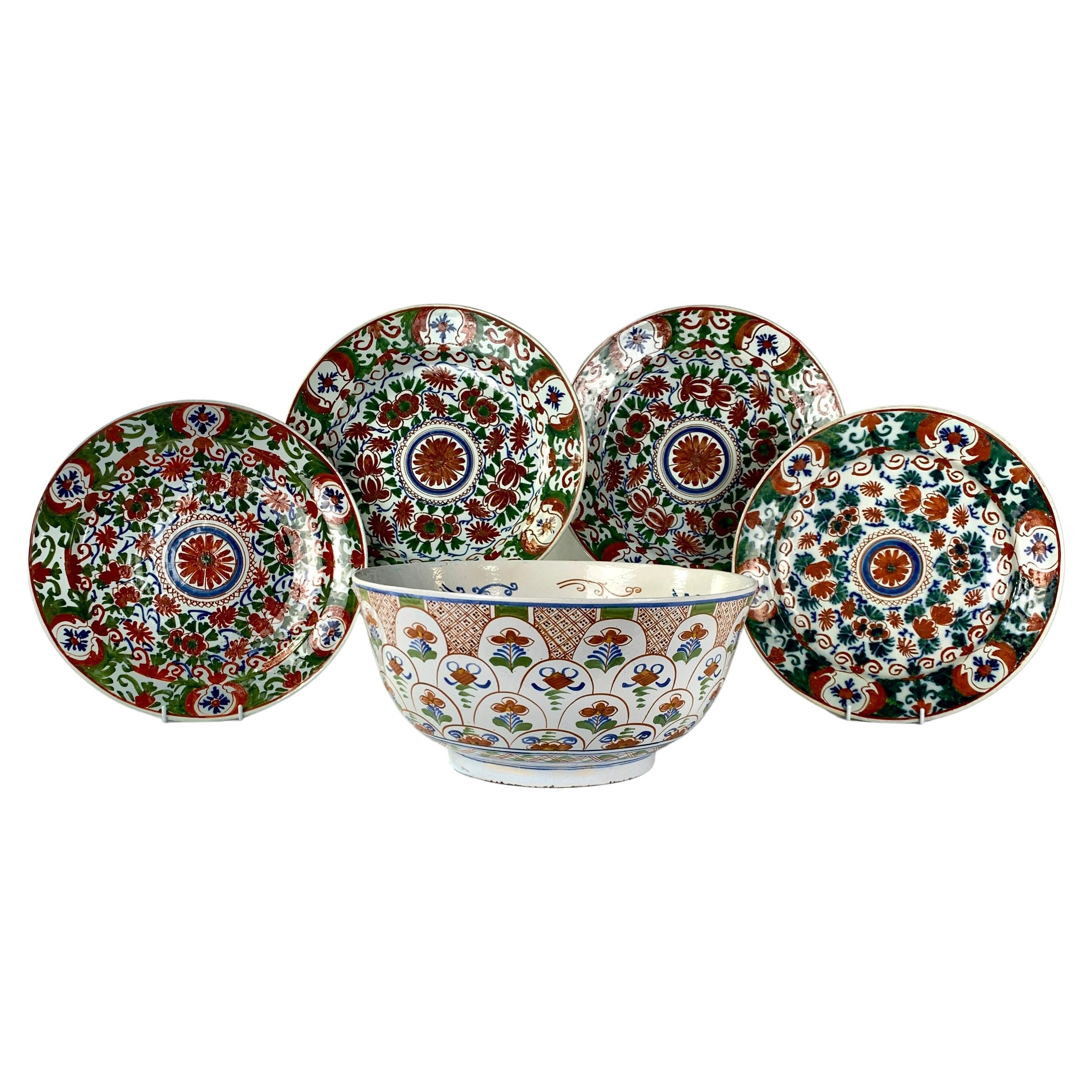 Delft Bowl with Four Matching Delft Chargers Iron Red & Green 18th Century 