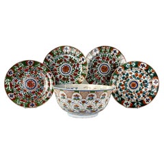 Delft Bowl with Four Matching Delft Chargers Iron-Red & Green 18th Century 