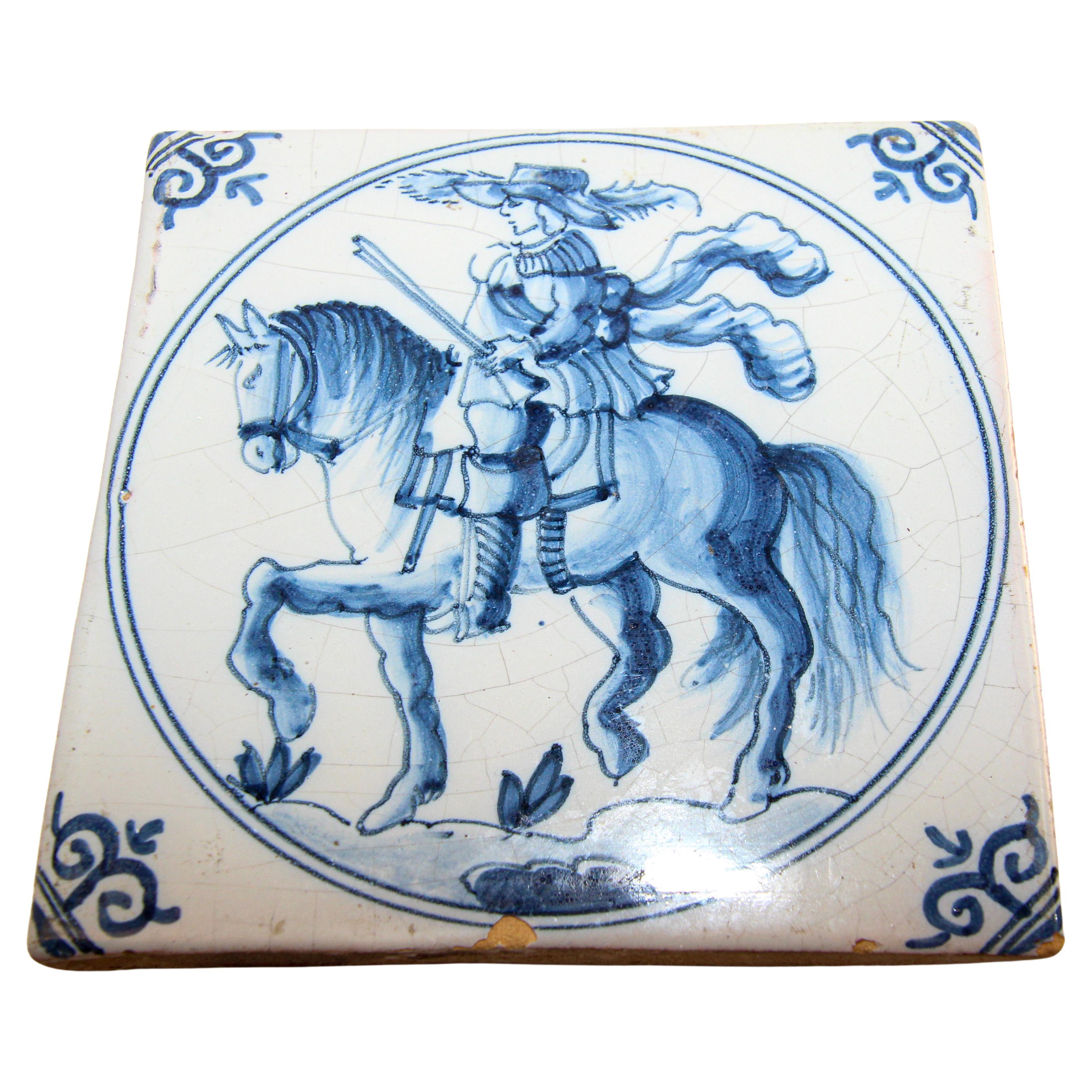 Delft Ceramic Decorative Tile Featuring a Man on Horse