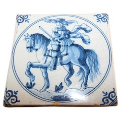 Antique Delft Ceramic Decorative Tile Featuring a Man on Horse