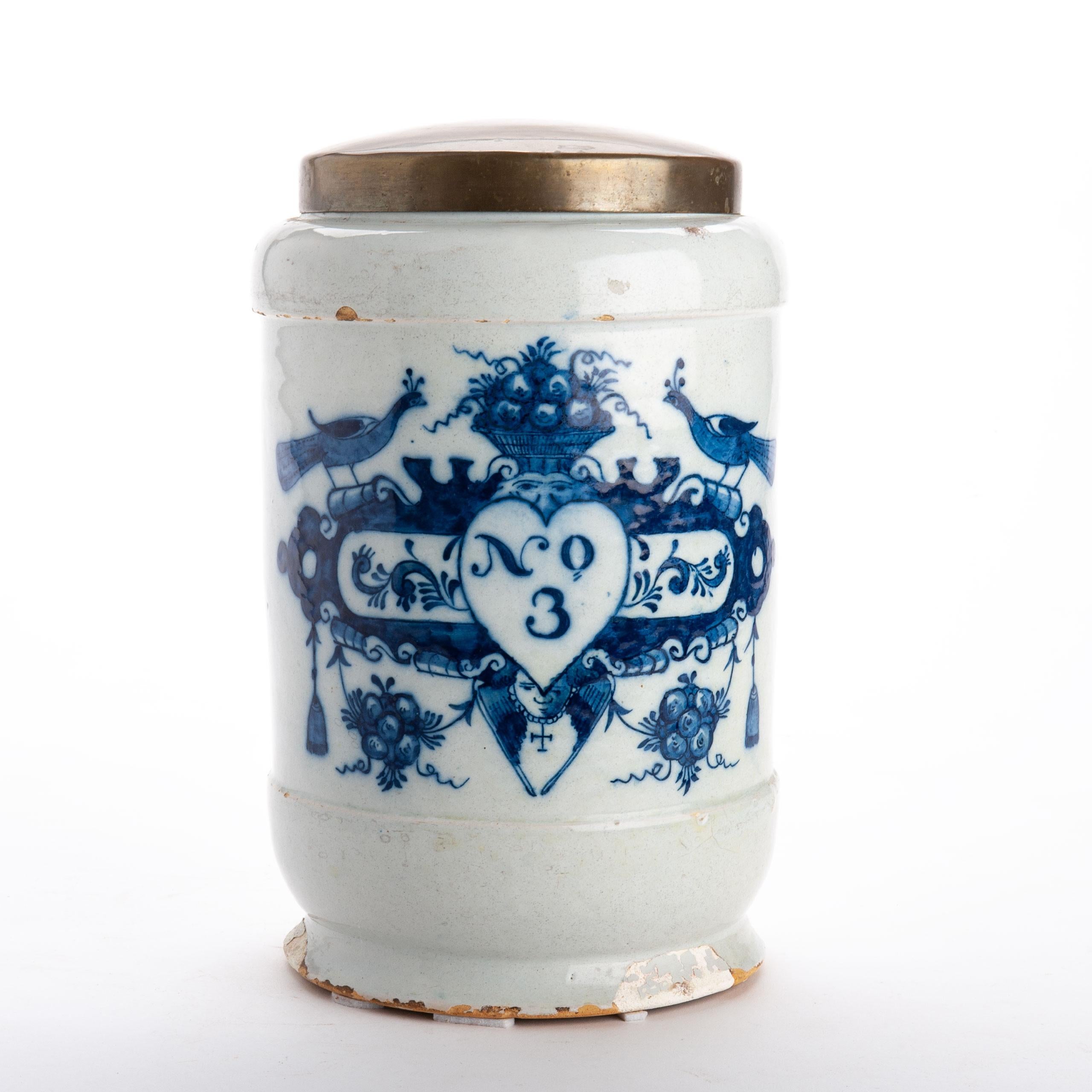 Delft Drug Jar with Cover.
'No 3' inside heart design.
One jar included - number 8 is available separately on request.
Holland, circa 1800.