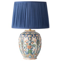 Delft Ceramic Table Lamp, 1900s, Hand-Painted Makkum Polychrome, New Silk Shade