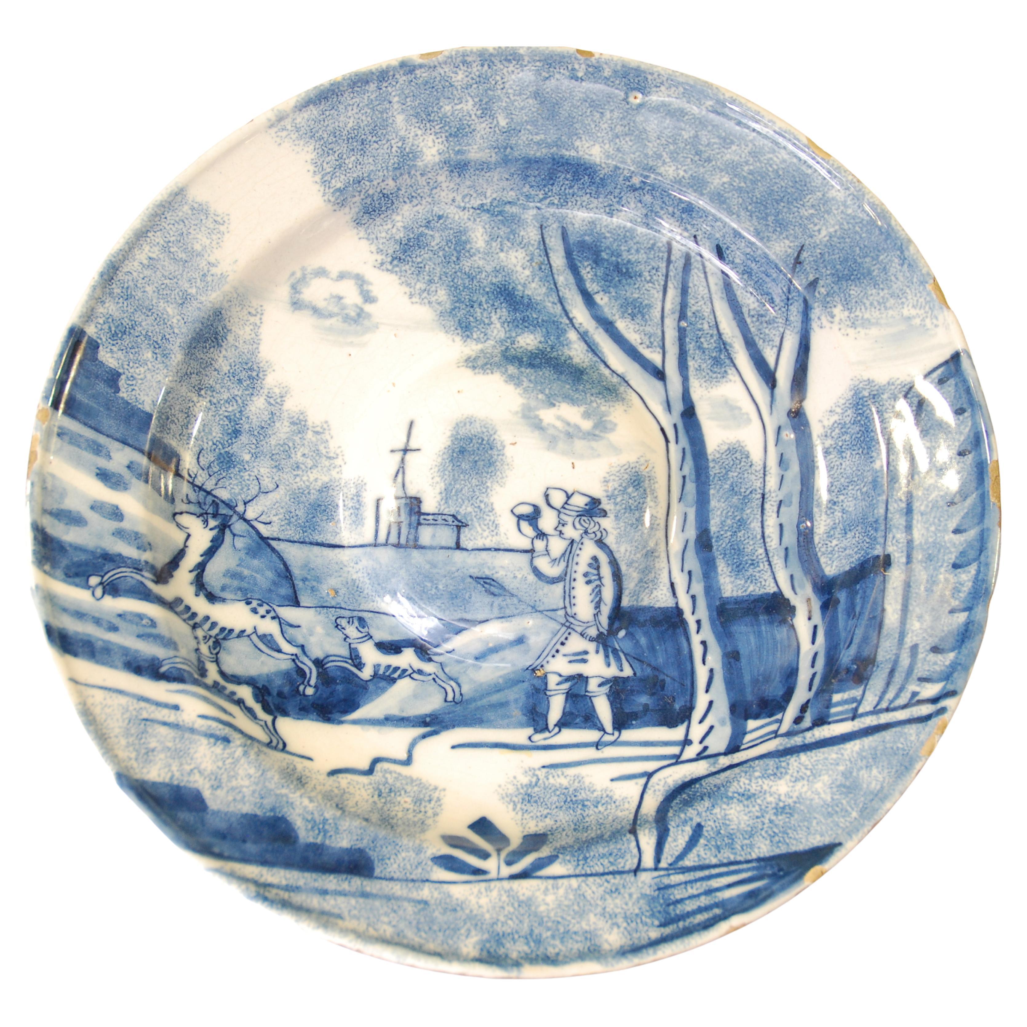 Delft Charger, Coursing a Stag, English, circa 1710 For Sale
