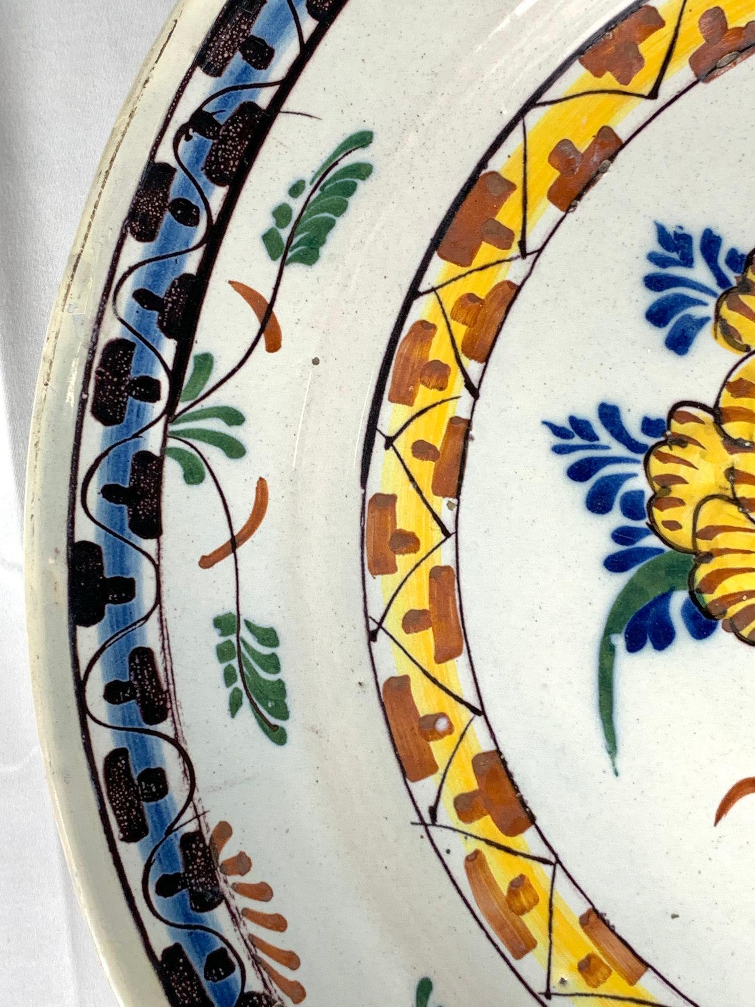 Dutch Delft Charger Hand Painted Polychrome Colors 18th Century Netherlands C-1780 For Sale