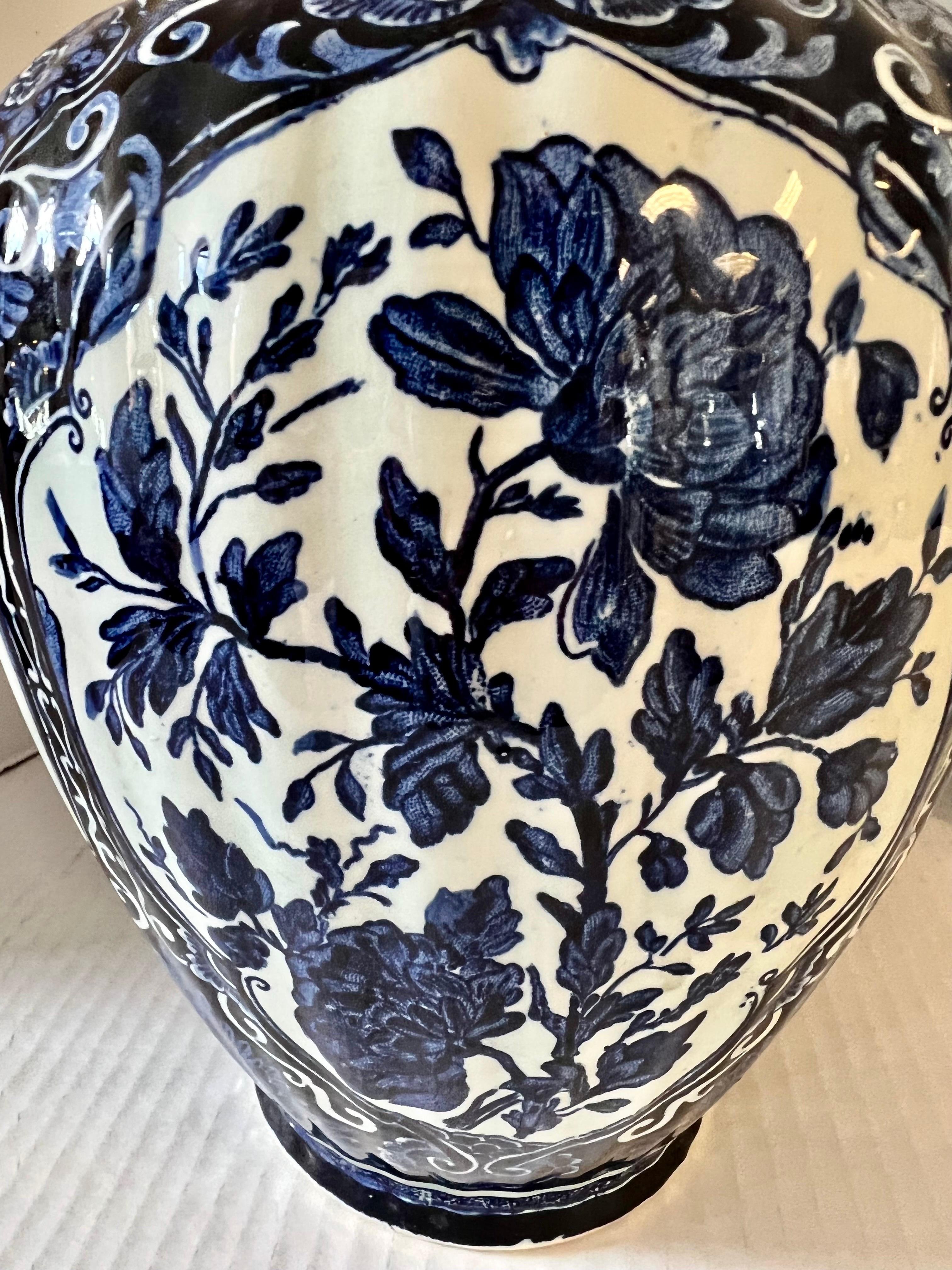 20th Century Delft Chinoiserie Blue and White Covered Urn Jar with Foo Dog