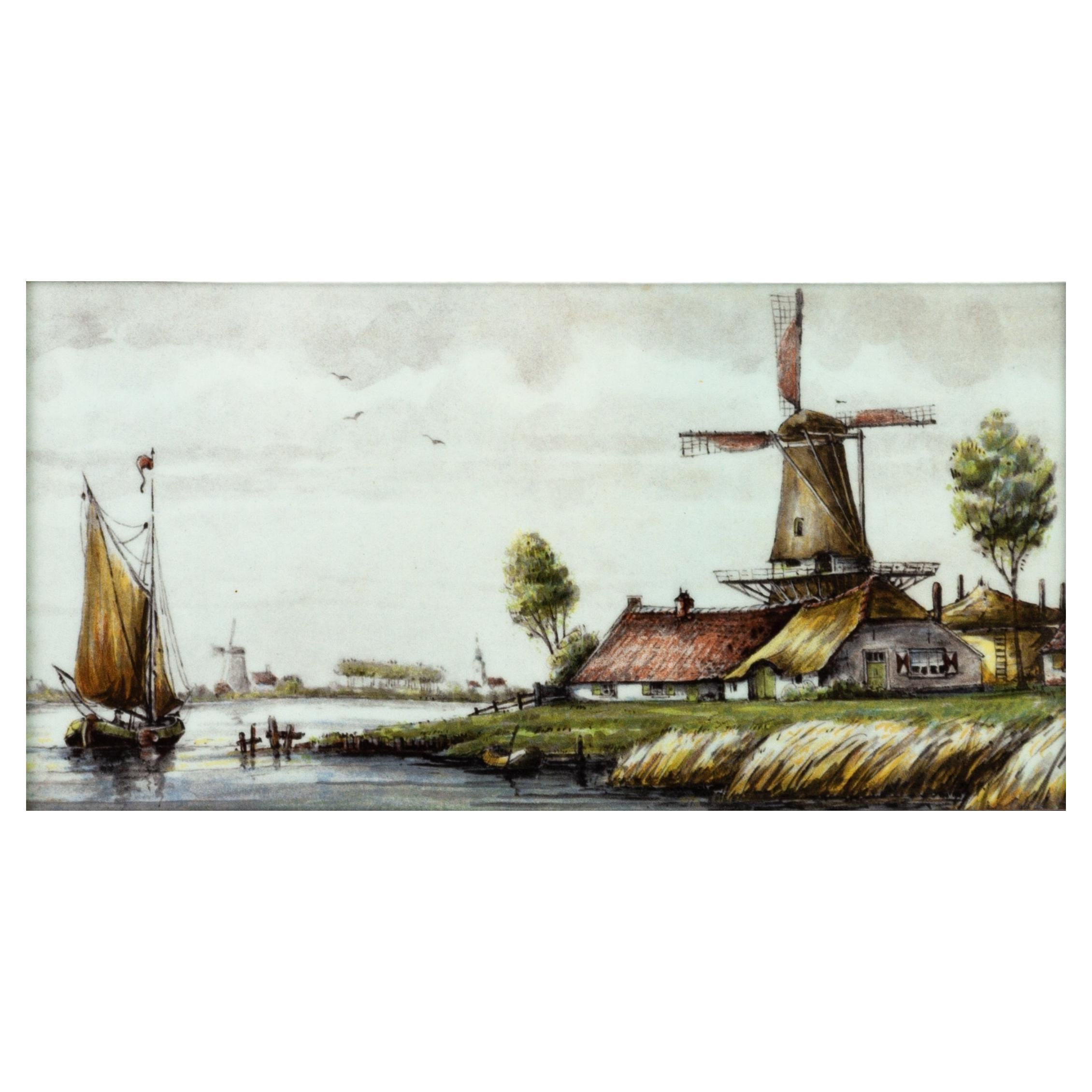 Delft Dutch Polychrome Plaque of 17th Century Windmill  For Sale