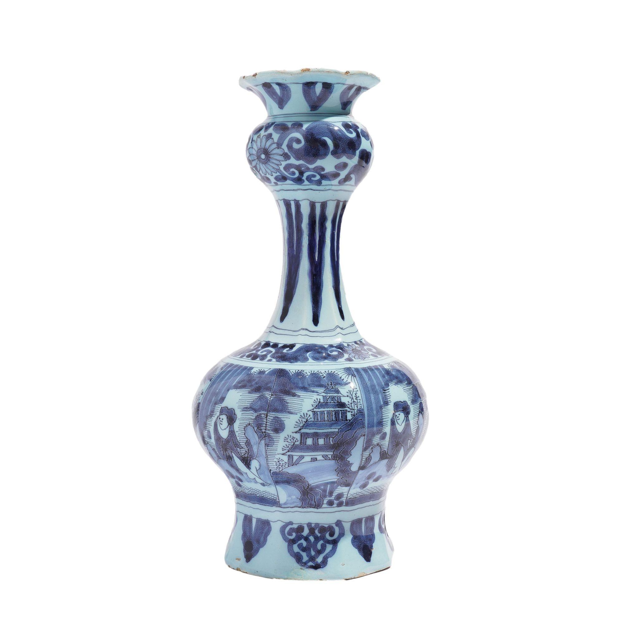 Delft faience bulb vase attributed to the De Metaale Pot Factory. The vase is decorated with four distinct hand painted Chinoiserie scenic panels in cobalt under glaze blue. The flaring rim is painted with an eight banana leaf border above a floral