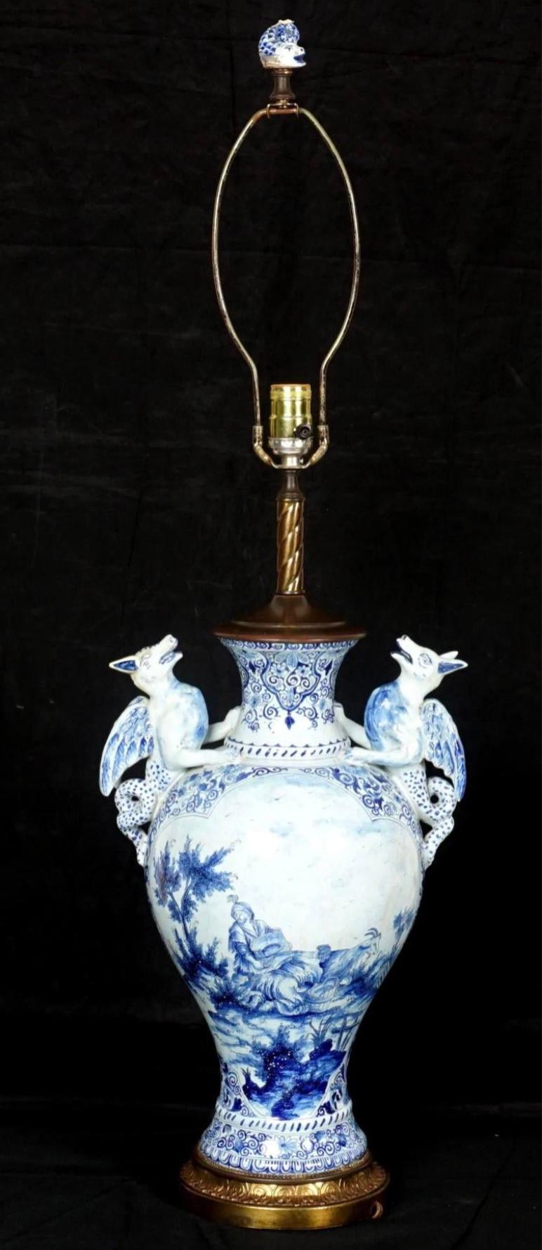 Delft Faience Figural Serpent Handle Lamp For Sale 3